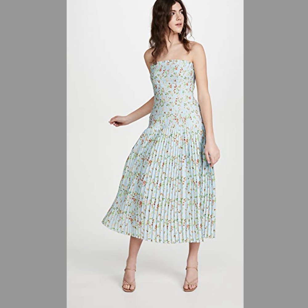 AMUR Hiyori Strapless Floral Pleated Strapless Maxi Dress Misty Blue Sz 6